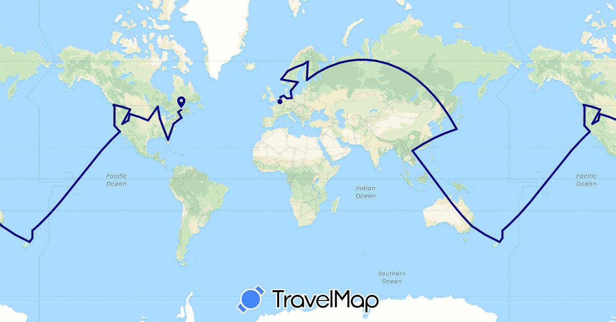 TravelMap itinerary: driving in Australia, Belgium, Canada, Germany, Denmark, Finland, Japan, Netherlands, Norway, New Zealand, Sweden, United States, Vietnam (Asia, Europe, North America, Oceania)